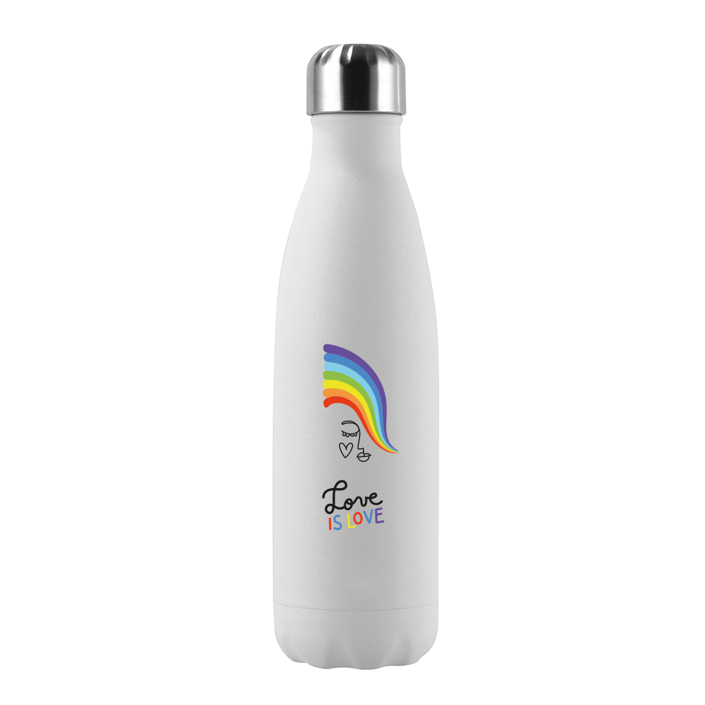 Botella térmica reutilizable de acero inoxidable con tapa color blanco texto Love is Love abajo de un arcoíris marca Puur Bottle