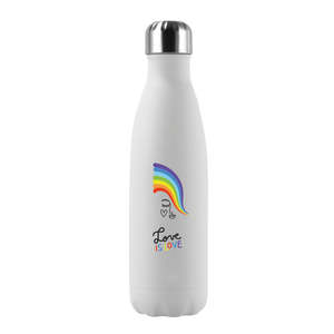 Botella térmica reutilizable de acero inoxidable con tapa color blanco texto Love is Love abajo de un arcoíris marca Puur Bottle