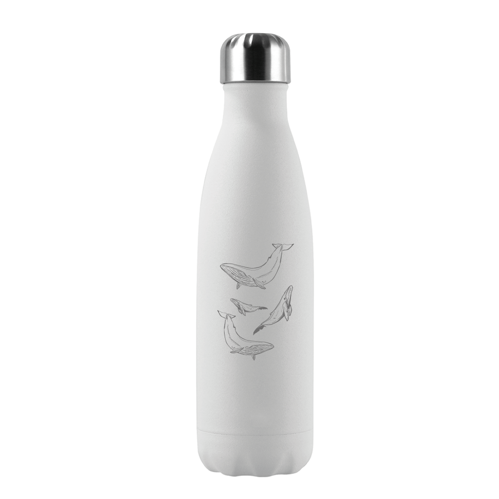 Botella térmica reutilizable de acero inoxidable con tapa. Color blanco y dibujo de cuatro ballenas marca Puur Bottle