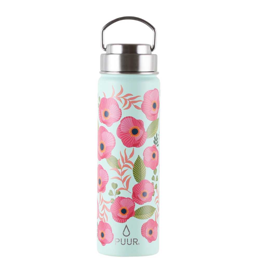Botella Térmica Puur Activa con flores en fondo blanco