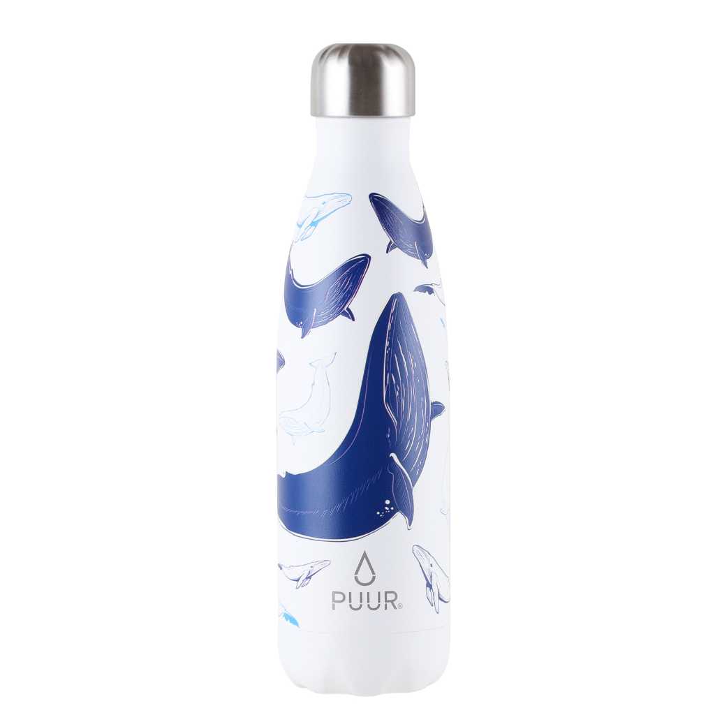 Botella termica Puur 500ml con diseño de ballenas en fondo blanco