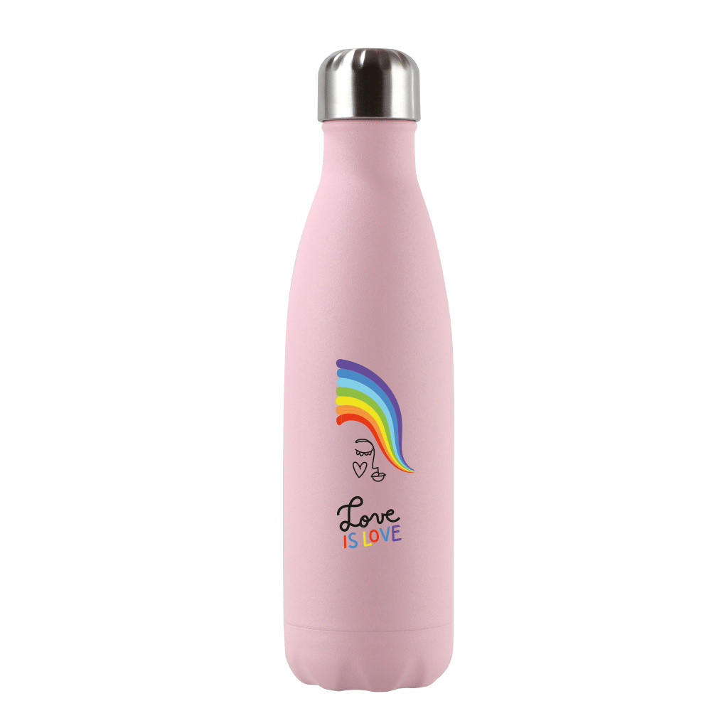 Botella térmica reutilizable de acero inoxidable con tapa. Color rosado y texto Love is Love abajo de un arcoíris marca Puur Bottle
