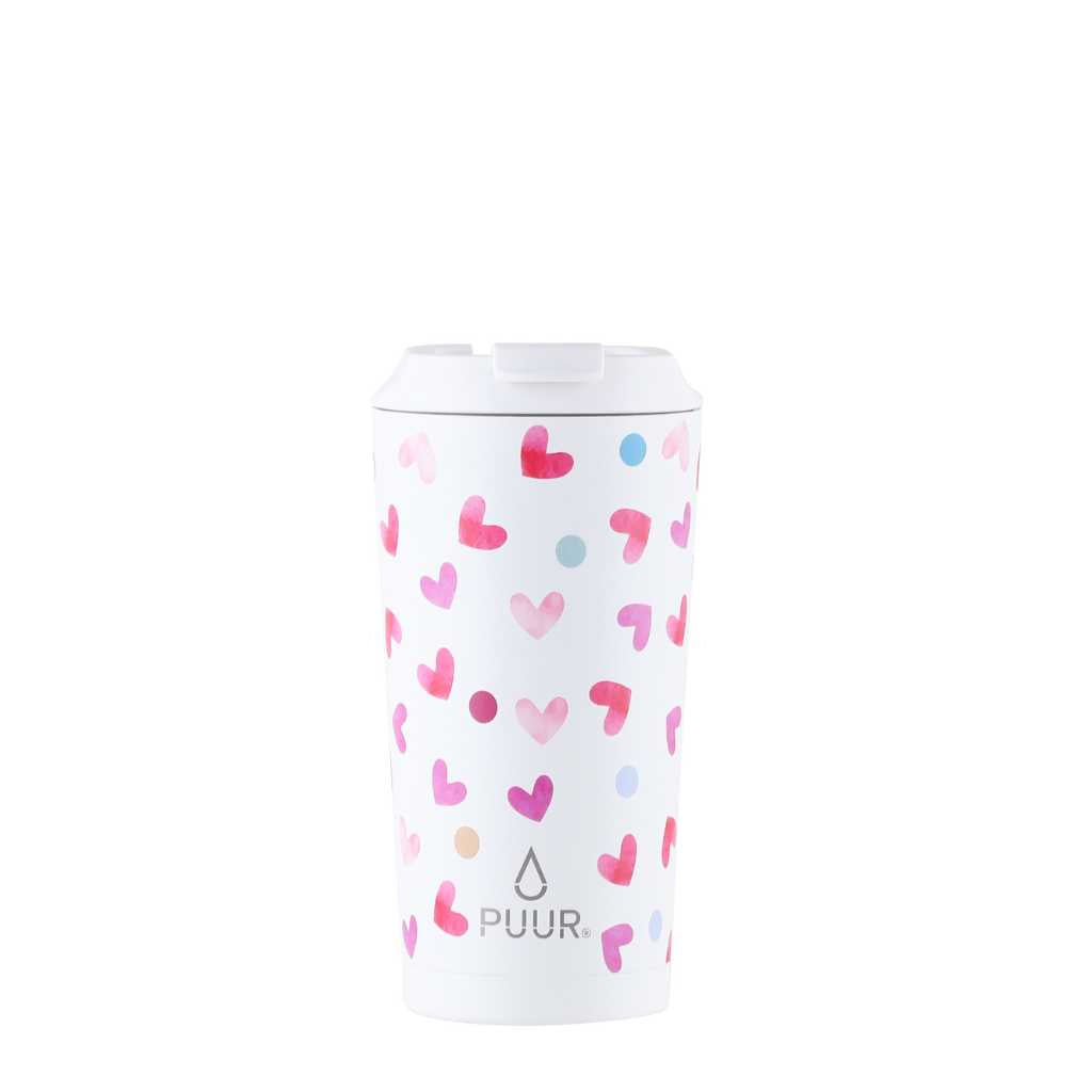 Vaso termico Puur 470ml con diseño de corazones en fondo blanco
