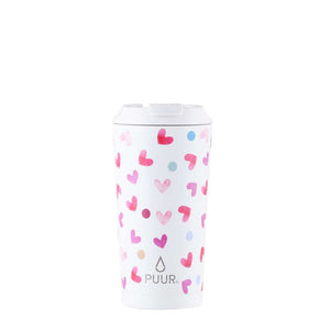 Vaso termico Puur 470ml con diseño de corazones en fondo blanco