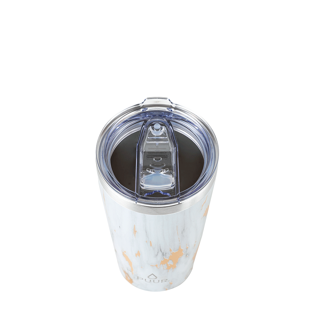 Vaso termico de acero inoxidable, color blanco marmoleado, foto cenital 500ml de capacidad