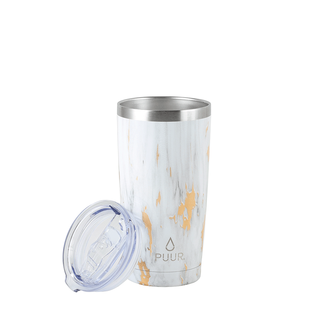 Vaso termico marca Puur color blanco marmoleado, capacidad 500ml de frente